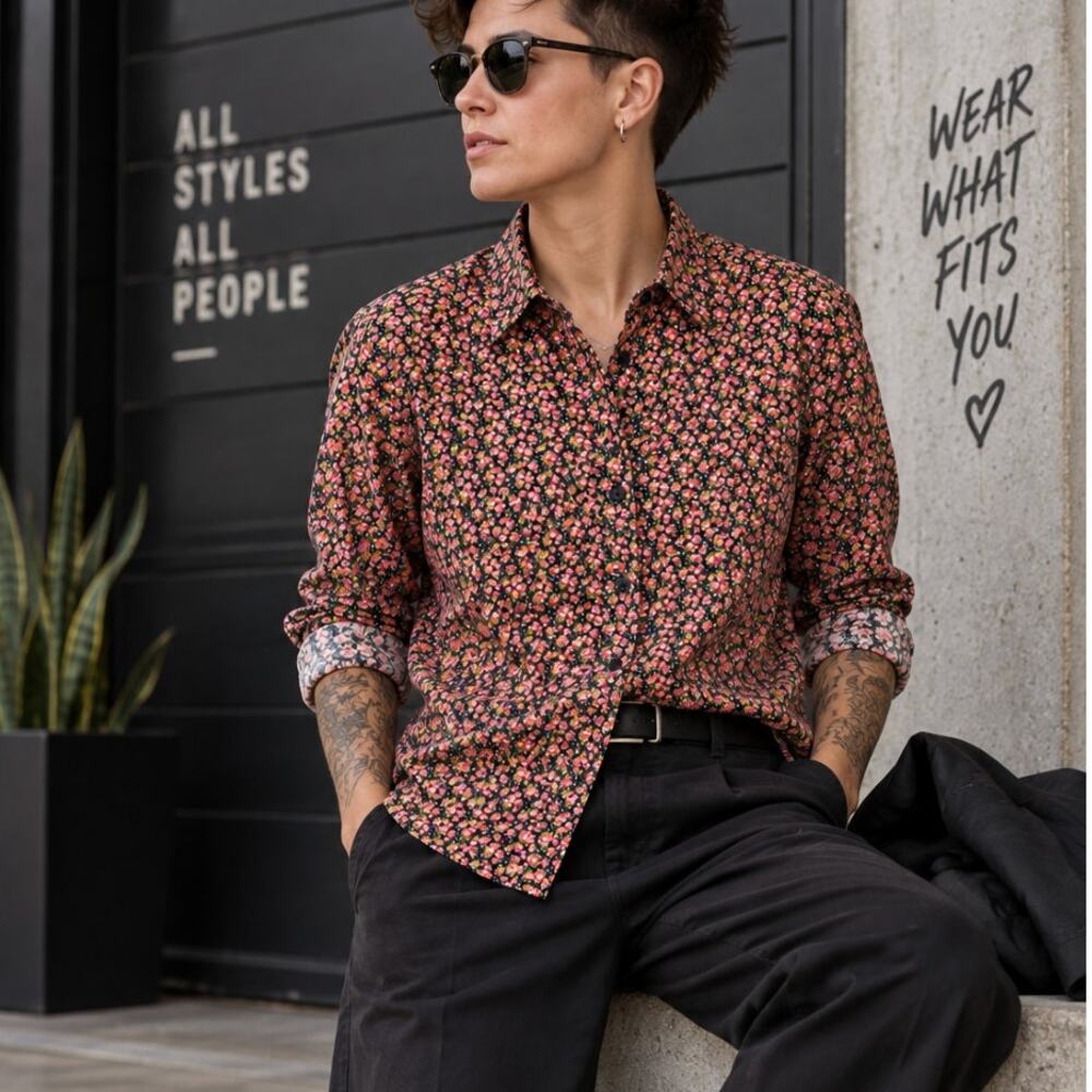Wildfang Floral Button Up Shirt M 100% Cotton Pink Rose Long Sleeve Androgynous